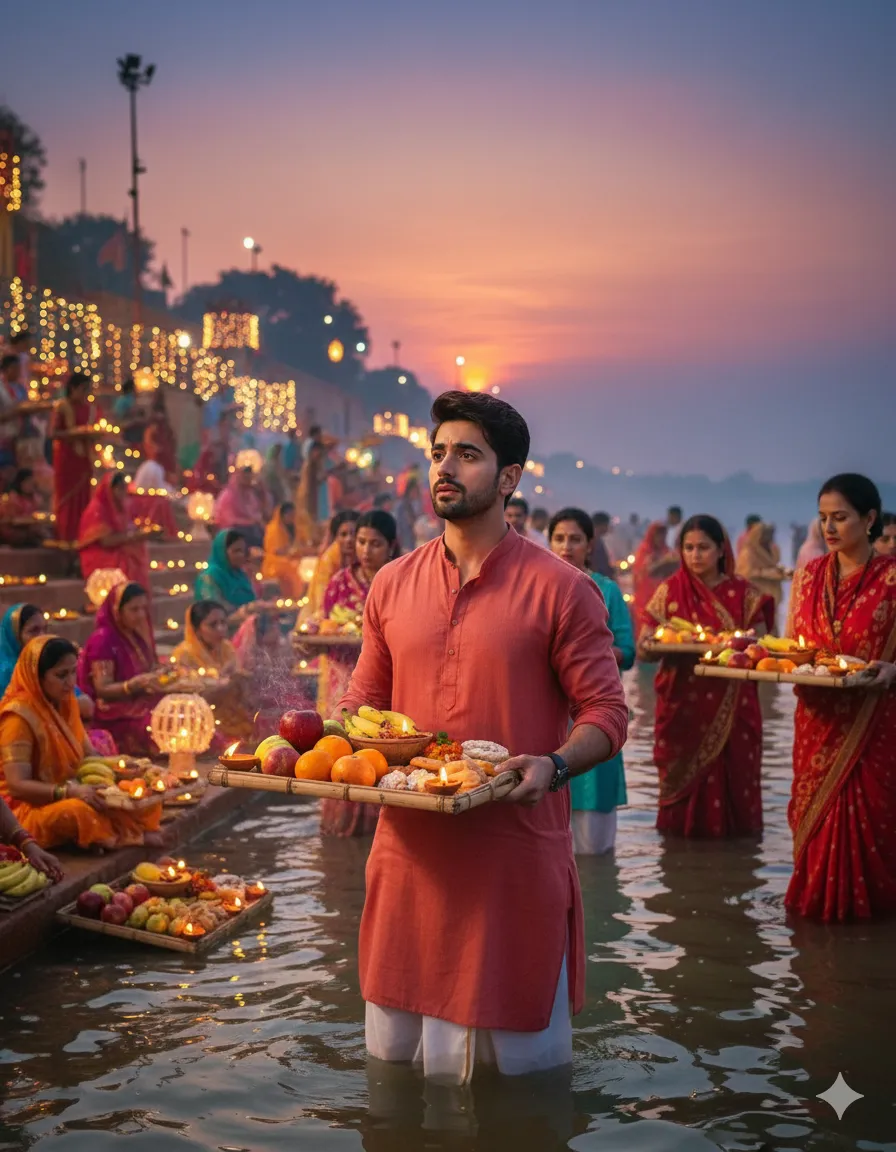 Chhath Puja AI Image Editing stand on water